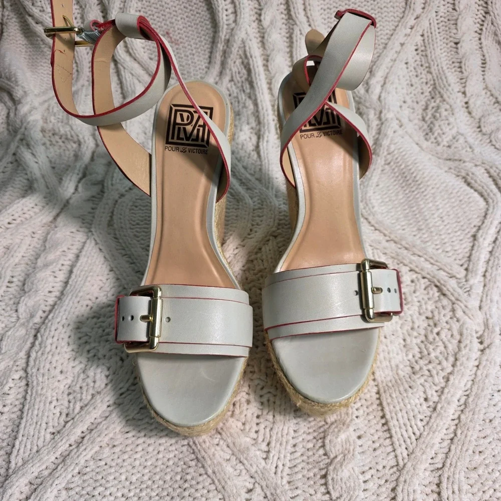 Pour La Victoire Wedge Sandals Ice Blue Red Leather‎ Espadrille Womens 9 NEW
